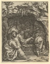 De Maagd van Smarten: De graflegging, een van de negen omliggende compartimenten, ca. 1575