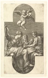 Drie muzen en een putto met cimbalen, een kruisvormige compositie, uit een serie van acht..., 1560s