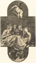 Drie Muzen en een putto boven met een lier, uit een serie van acht composities naar Fran
