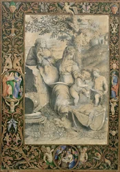 Rand van een verlicht manuscript rondom een tekening naar Rafaëls De Heilige Familie onder de eik