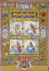 De vier evangelisten, binnen een rand van bloemen, vogels en insecten, 1572