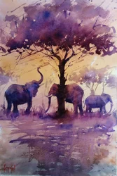 Afrikaanse olifanten bij een paarse zonsondergang