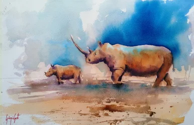 Moederneushoorn en kalf