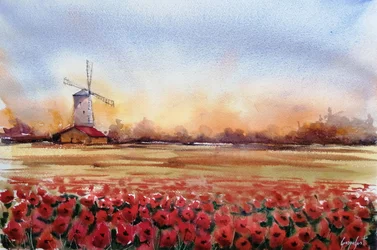 Rode klaprozen en windmolen