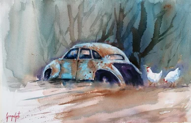 Een rustieke auto en kippen