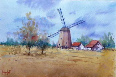 Landschap met een rustieke windmolen
