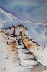 Besneeuwd pad naar de hut