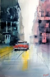 Oldtimer in een regenachtige stad