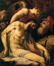 Dode Christus, ondersteund door een engel en door Jozef van Arimathea ... (schilderij op doek)