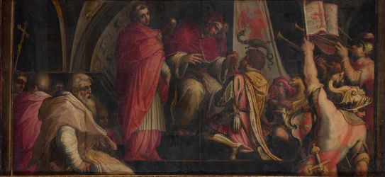 Paus Clemens IV overhandigt zijn insignes aan de kapiteins van de Guelph-partij, 1563-1565