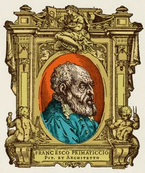 Portret van Francesco Primaticcio bekend als De Primatice (1504-1570) schilder, beeldhouwer en architect. Hij was lid van de Ecole de Fontainebleau. Gravure van het verdrag "Levens van de meest uitstekende schilders, beeldhouwers en architecten" (Le Vite d