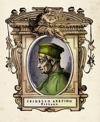 Portret van Spinello Aretino (ne Spinello di Luca Spinelli) (1350-1410) Gravure uit "" Levens "" door Giorgio Vasari (1511-1574) 1568