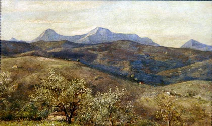 Landschap in de Lente met een Ver Uitzicht op Monte Catria: Vroege Ochtend