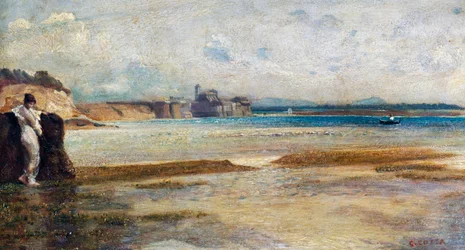 Ondergaande maan in de Tyrreense Zee, schilderij door Nino Costa (1826-1903), Italië