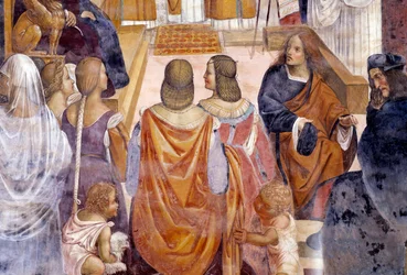 Benedictus excommuniceerde twee nonnen en verleent hen absolutie na hun dood (detail). Kloosterfresco door Antonio Bazzi genaamd il Sodoma (1477 - 1549) die het leven van Sint Benedictus van Nursia (480 - 567) oprichter van de Benedictijner Orde vertelt 15