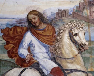 Benedictus verliet het huis van zijn vader en ging naar Rome om te studeren (detail). Fresco van het klooster gemaakt door Antonio Bazzi genaamd il Sodoma (1477-1549) die het leven van Sint Benedictus van Nursia (480 - 567) oprichter van de Benedictijner O