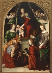 Madonna en Kind en Engelen tussen de heiligen Hiëronymus, Catharina van Alexandrië, Lucia en Johannes de Evangelist