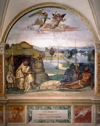De heilige Benedictus overwint de verleiding door zich naakt in een doornstruik te werpen, terwijl een engel tegen de demon strijdt. Fresco in de refter van de monniken, gemaakt door Antonio Bazzi, genaamd il Sodoma (1477 - 1549), dat het leven van de