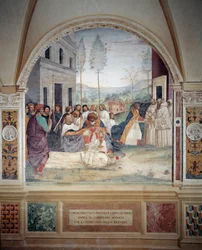 St. Benedictus draagt het lichaam van Christus op het lichaam van de monnik die de aarde weigert te begraven (fresco)