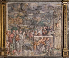 Sint Antonius arriveert in Padua, waar hij vrede herstelt tussen de burgers met de kracht en zoetheid van zijn prediking, School van de Heilige