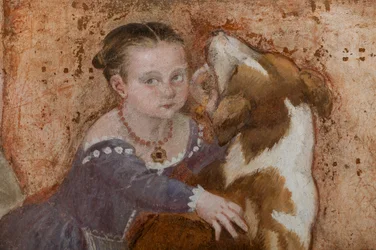 Klein meisje en hond (detail van Het banket, c.1570)