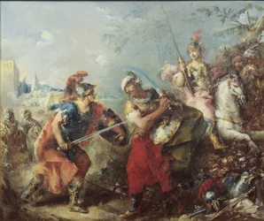 Het gevecht tussen Tancred en Argante met Clorinda op de achtergrond