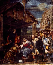 Aanbidding der Wijzen, ca. 1530, door Pordenone (1483-1484 - 1539), fresco, Kapel van de Wijzen, de Kerk van Santa Maria di Campagna, Piacenza, Emilia-Romagna. (detail) Italië