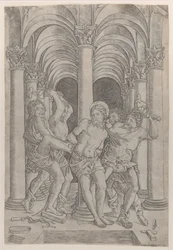De Geseling van Christus die aan een zuil is vastgebonden in het midden binnen een arcade, 1509