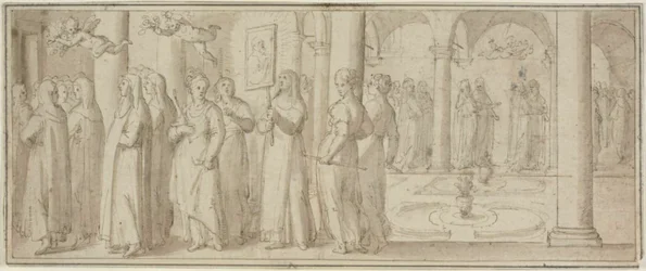 Processie van nonnen en novices ter ere van een mannelijke heilige