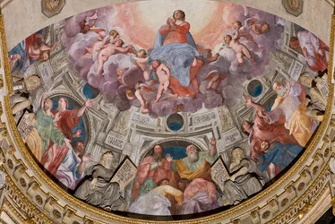 Genua, Duomo (Sint-Laurenskathedraal), binnen, de Lercari-kapel of de Kapel van het Heilig Sacrament (noordelijke apsis), apsis: "Hemelvaart van de Maagd", fresco door Giovanni Battista Castello bekend als Bergamasco