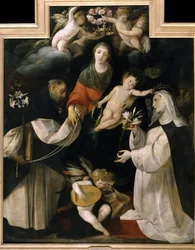 Madonna van de Rozenkrans (De Madonna del Rosario). Een krans van rozen wordt op het hoofd van de Maagd geplaatst terwijl twee heiligen haar witte lelies, rozenkransen en harten overhandigen die het geloof symboliseren. Schilderij door Giovan (Giovanni) Ba