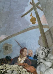 Een zelfportret toont een uitgeputte, sterk verouderde Tiepolo die zich over de hoekcartouche buigt ... (fresco)