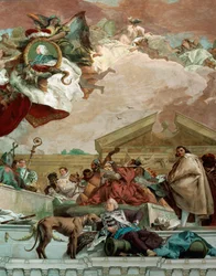 Fresco van de trap in de Residentie Wuerzburg toont architect Balthasar Neumann en een kanon (fresco)