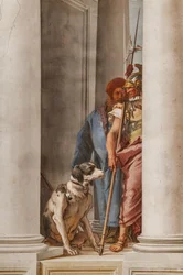 Palazzina (Klein Gebouw), de entreehal: "De Griekse Vloot in Aulide" (detail met een hond en een soldaat)