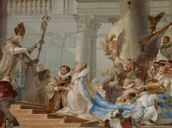 Huwelijksvoltrekking van keizer Friedrich Barbarossa en Beatrix van Bourgondië in 1156 ... (fresco)