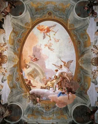Allegorie van Verdienste vergezeld door Adel en Deugd, plafond van de Troonzaal, Ca 