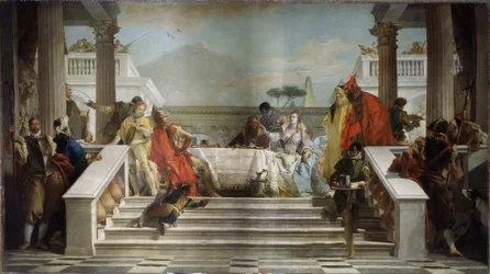 Het feestmaal van Cleopatra. De Egyptische koningin (69-30 v.Chr.) is waarschijnlijk afgebeeld met de Romeinse politicus en generaal Marcus Antonius (83-30 v.Chr.). Het feestmaal van Cleopatra. Schilderij van Giambattista Tiepolo (1696-1770). Olieverf op