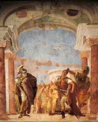 Minerva weerhoudt Achilles ervan Agamemnon te doden, door Giambattista Tiepolo (1696-1770), fresco, Iliaskamer, Villa Valmarana 