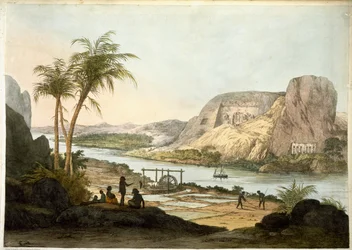 Buitenaanzicht van de twee tempels in Abu Simbul, uit Platen ter illustratie van de Onderzoeken in Egypte en Nubië, gepubliceerd in 1822