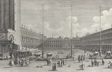 Zicht op Piazza San Marco, met de kerk van San Geminiano aan het einde, en figuren en..., 1763