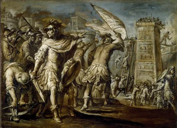 Eerste kruistocht: "De Genuese condottiero Guglielmo Embriaco tijdens de inname van Jeruzalem" Het is de oorsprong van een aanvalstoren gemaakt van het hout van Genuese schepen. Monochroom schilderij door Giovanni Battista Carlone