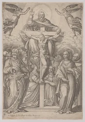 De Drie-eenheid, met de Kruisiging in het Midden en Heiligen aan Beide Zijden