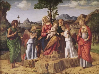 Heilig gesprek - De Heilige Familie omringd door engelen, de heilige Lucia en de heilige Johannes de Doper, halt houdend vóór de vlucht naar Egypte, ca. 1490