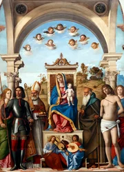 Madonna en Kind op de Troon met Heiligen Catharina, George, Nicolaas, Antonius Abt, Sebastiaan en Lucia