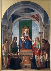 Madonna en Kind op de Troon met St. Sebastiaan, St. Johannes de Doper, St. Maria Magdalena, St. Rochus en Leden van de Broederschap van San Giovanni Evangelista