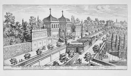 Tuin van de hertog van Parma op de Palatijnse heuvel, kijkend naar Campo Vaccino, Rome, uit 