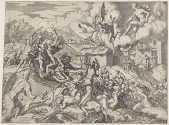 Soldaten van Aeneas vechten met dienaren van koning Latinus