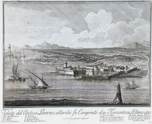 Uitzicht op de haven van Livorno toen het werd gekocht door de Florentijnen in 1421, gravure uit Collectie van beste uitzichten van Stad en Haven van Livorno