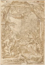 De aanbidding van de herders, ca. 1680-1690 (pentekening)