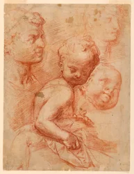 Tekening, Studie van man, vrouw en kinderhoofd, zittend kind, ca. 1570